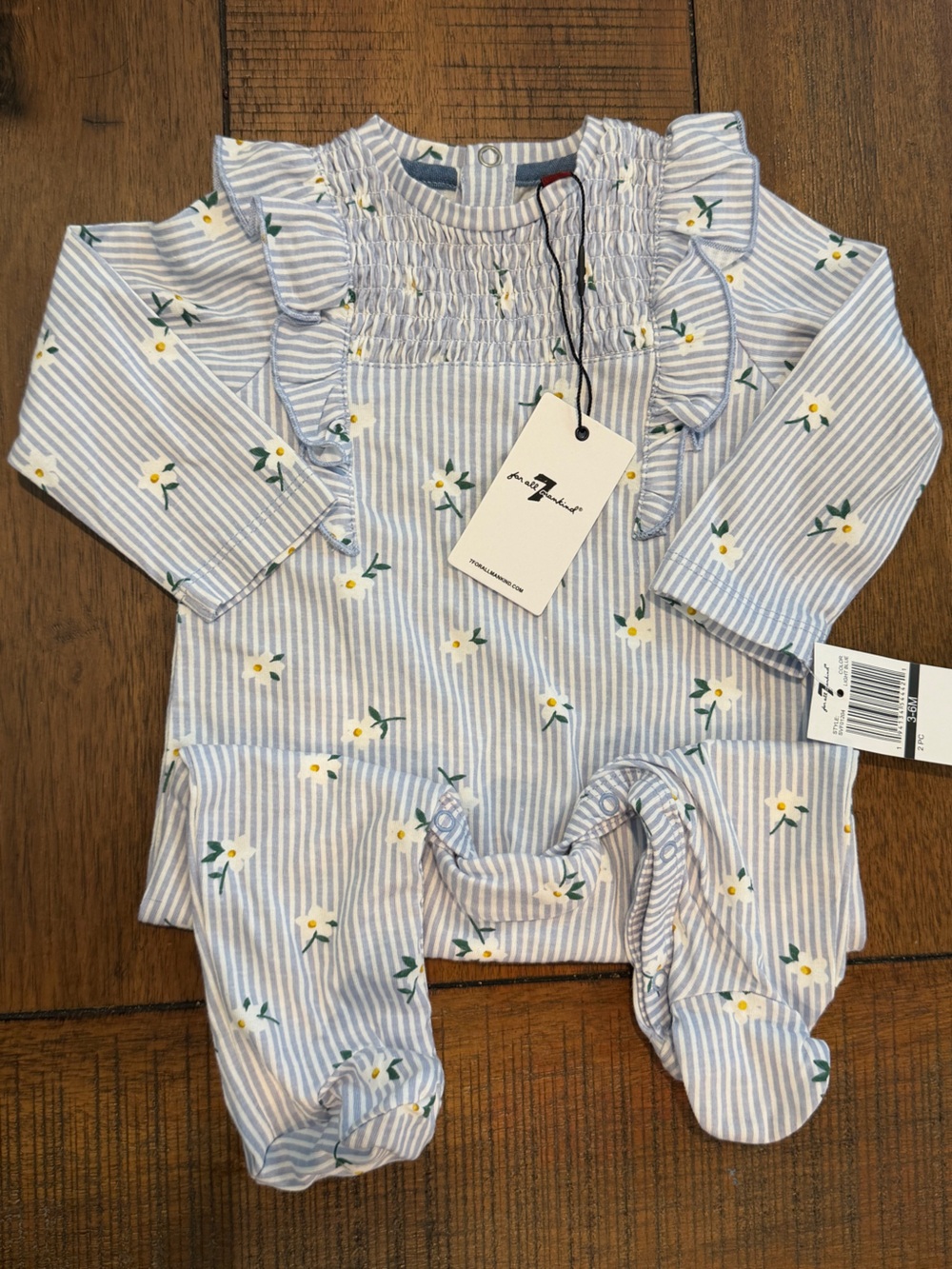 NWT - 7 For All Mankind Blue and White Striped Floral Ruffle Footie